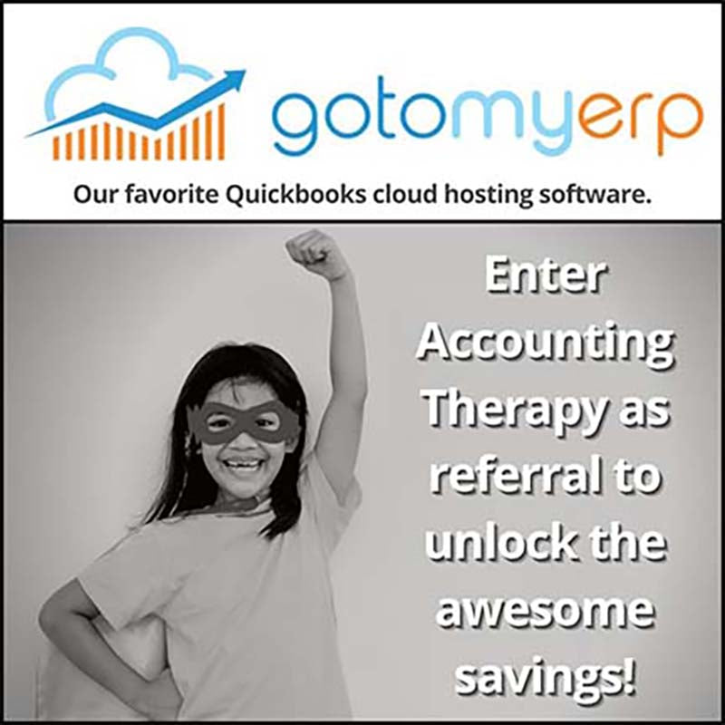 GoToMyERP affiliate graphic promoting cloud hosting for QuickBooks and Sage with secure remote access