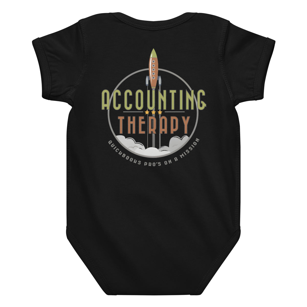 Product mockup - Back view of a black baby jersey bodysuit showing a soft infant one-piece with short sleeves and snap closure