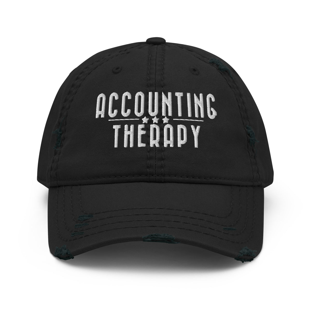 Product mockup - Front view of a black distressed dad hat showing a low-profile unstructured baseball cap with curved brim