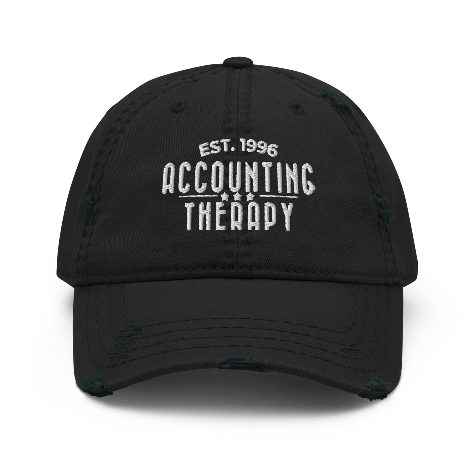 Product mockup - Front view of a black distressed dad hat showing a vintage-style baseball cap with curved brim and unstructured fit