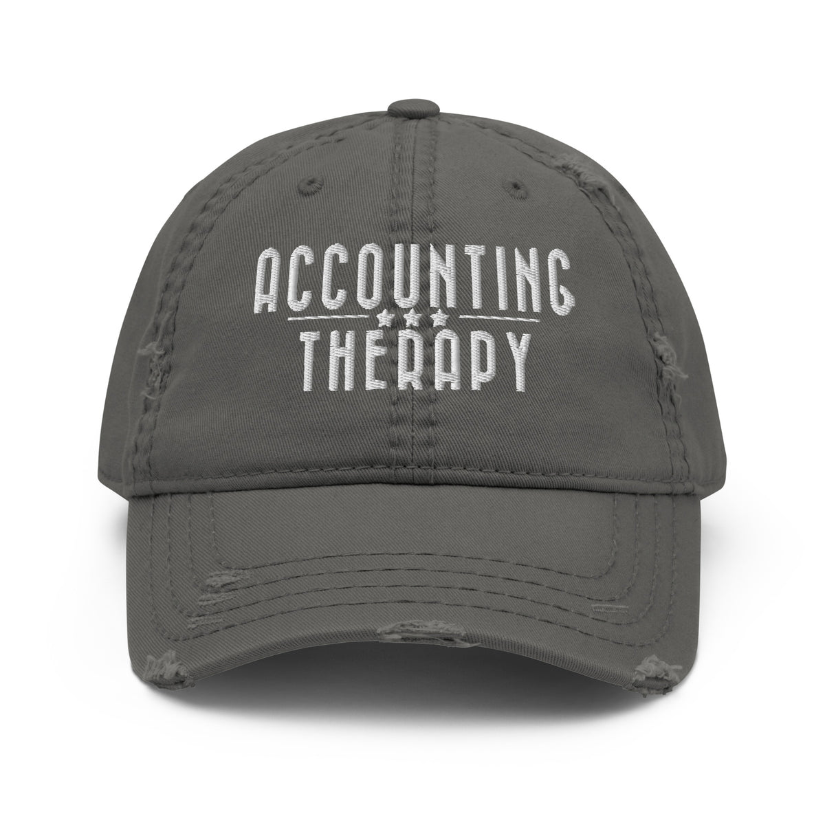 Product mockup - Front view of a Grey distressed dad hat showing a low-profile unstructured baseball cap with curved brim