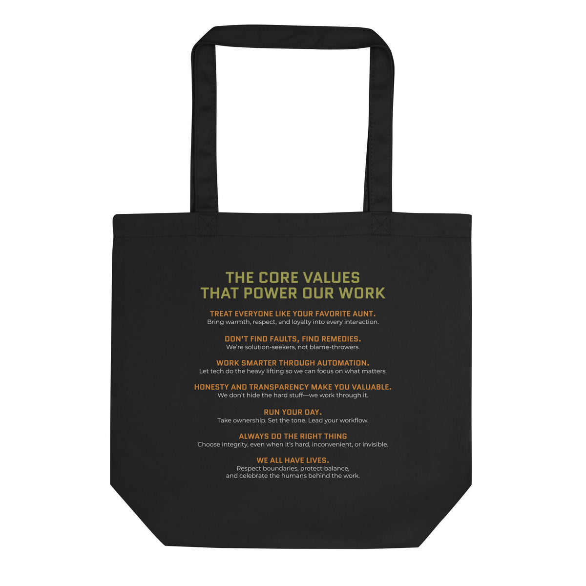 Black tote bag with text stating Accounting Therapy core values