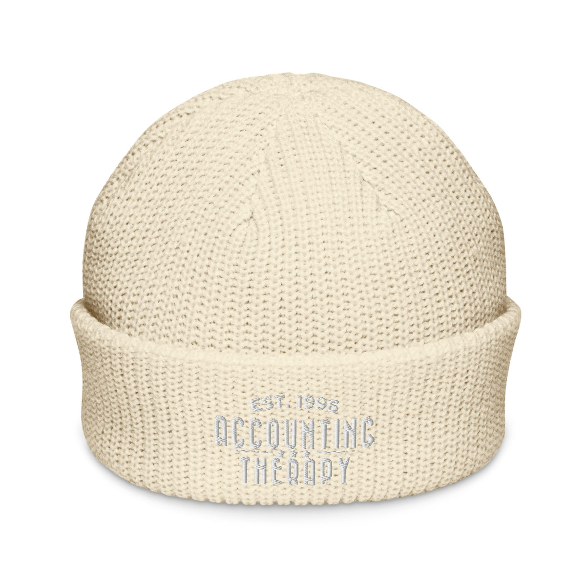 Product mockup - Front view of an ecru fisherman beanie showing a ribbed knit hat with a short cuff and snug fit