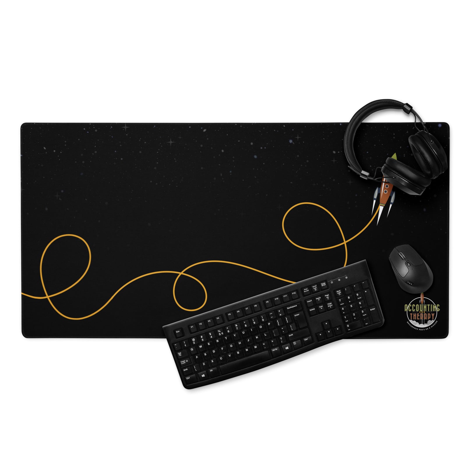 Product mockup - Front view of a black 36 by 18 inch gaming mouse pad showing a large extended desk mat with smooth surface