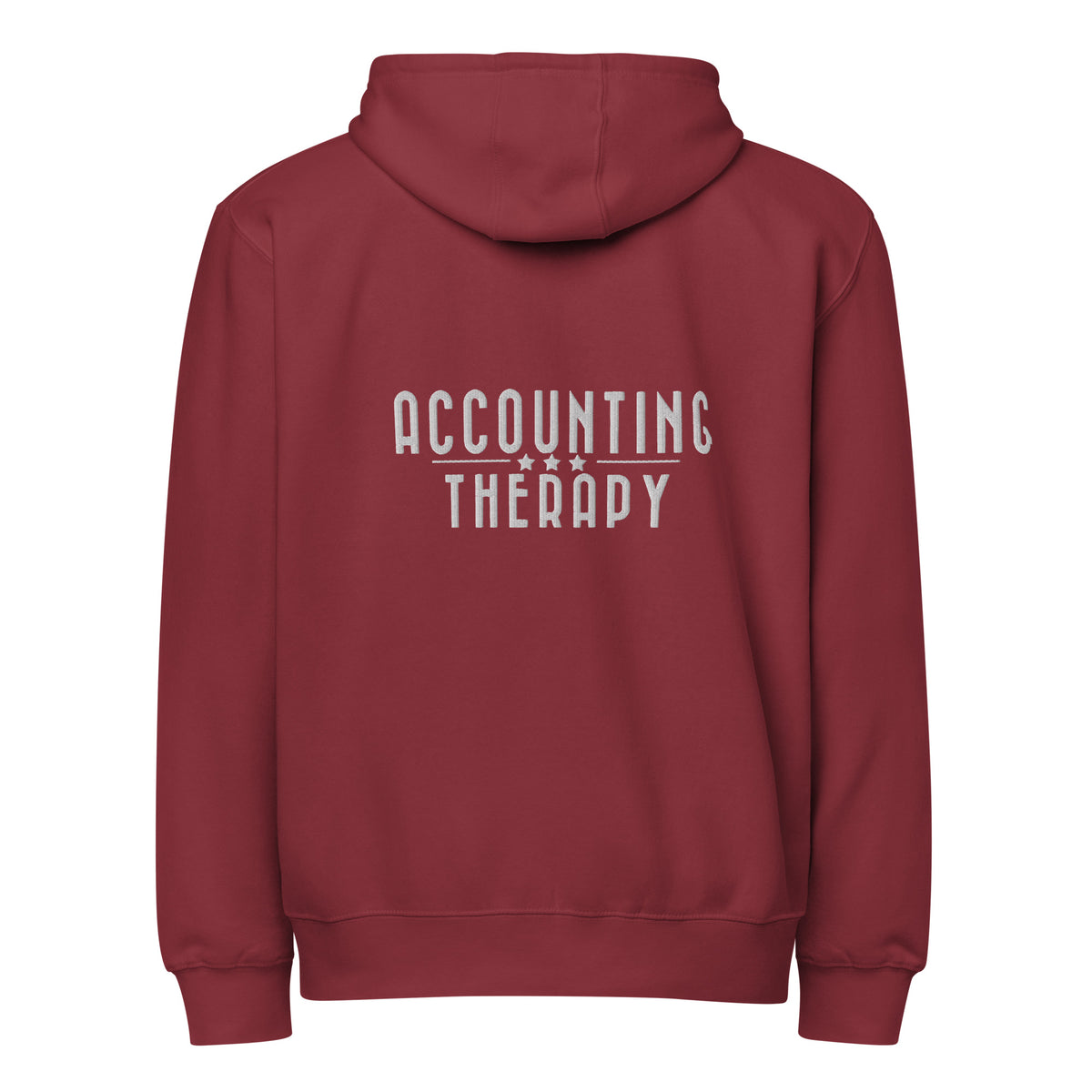 Product mockup - Back view of a burgundy unisex full zip hoodie showing a relaxed fit hooded sweatshirt with long sleeves and ribbed hem