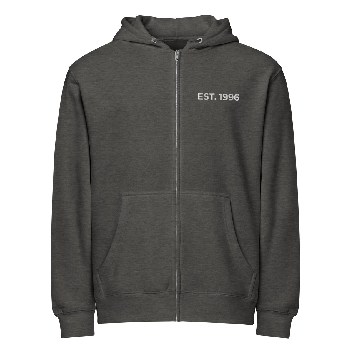Product mockup - Front view of a heather charcoal unisex full zip hoodie showing a relaxed fit hooded sweatshirt with long sleeves and ribbed hem
