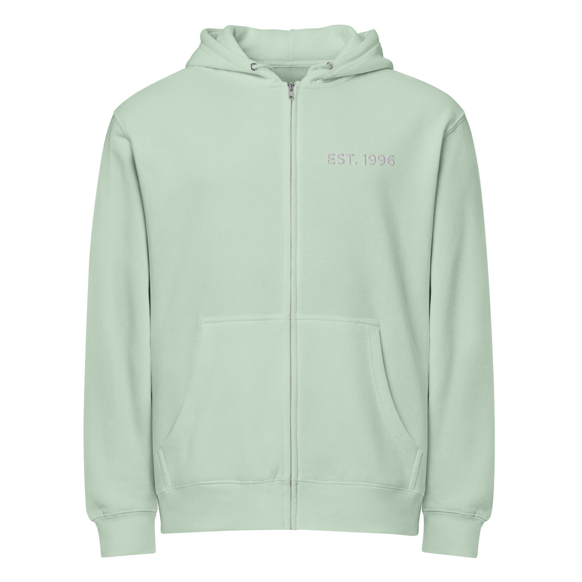 Product mockup - Front view of a seafoam unisex full zip hoodie showing a relaxed fit hooded sweatshirt with long sleeves and ribbed hem