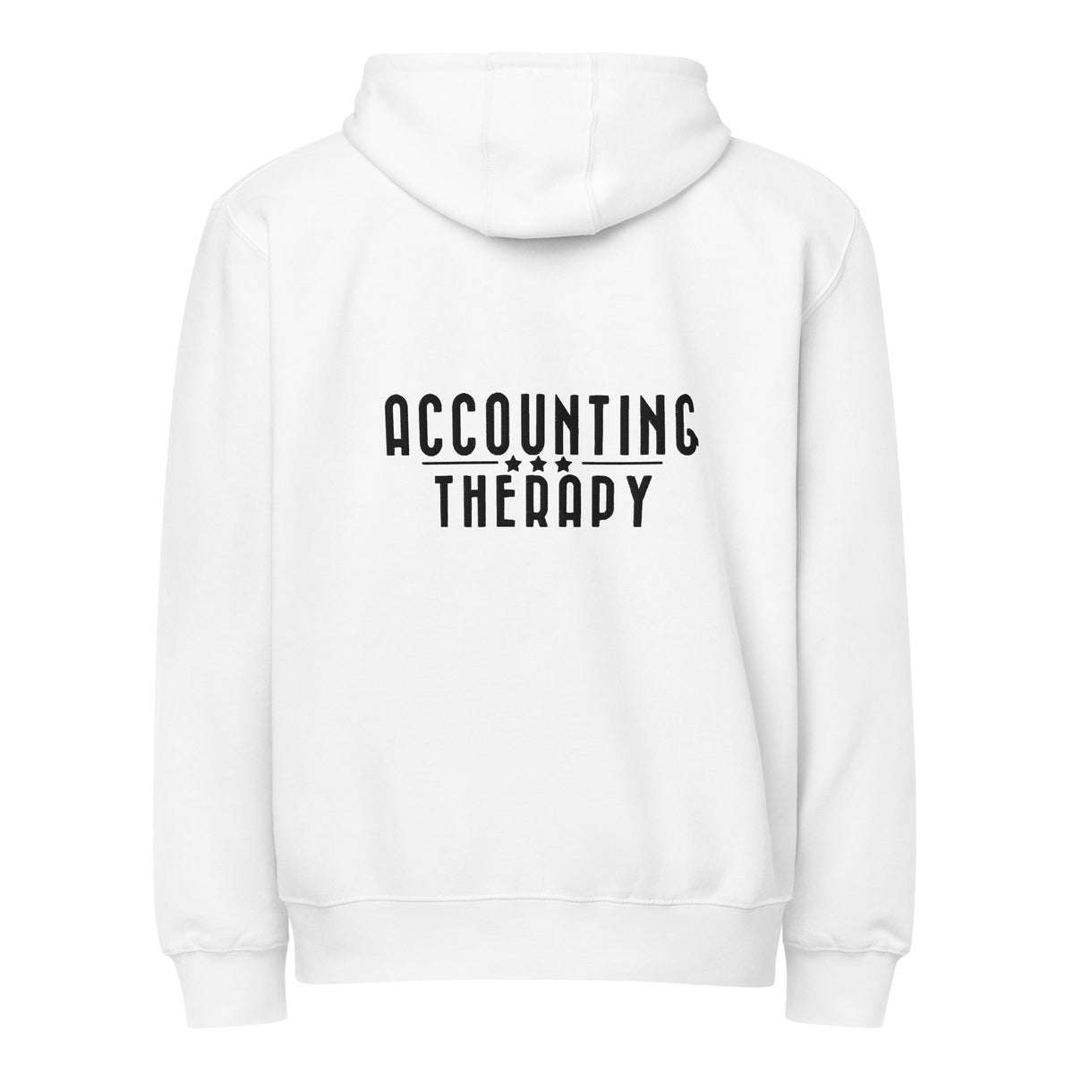 Product mockup - Back view of a white unisex full zip hoodie showing a relaxed fit hooded sweatshirt with long sleeves and ribbed hem