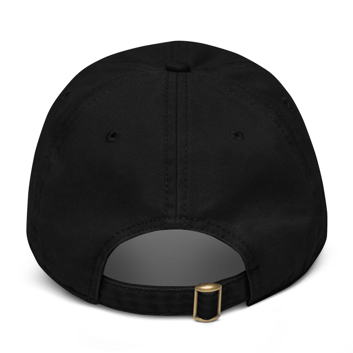 Product mockup - Back view of a black OTTO cap showing a low-profile unstructured baseball hat with curved brim