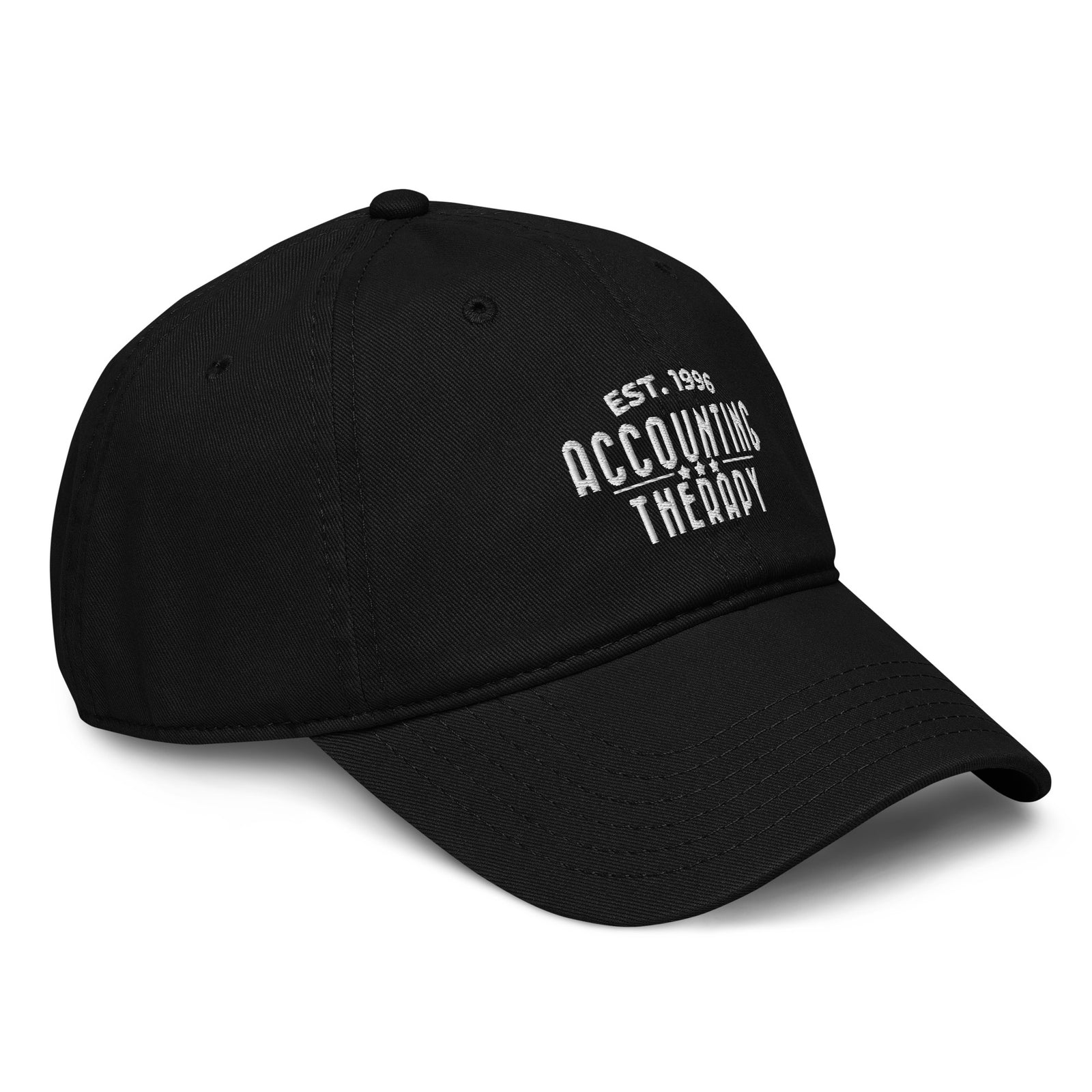 Product mockup - Left-front view of a black OTTO cap showing a low-profile unstructured baseball hat with curved brim
