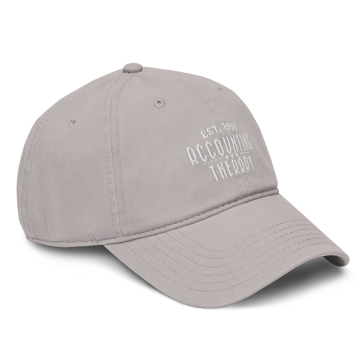 Product mockup - Right-front view of a gray OTTO cap showing a low-profile unstructured baseball hat with curved brim