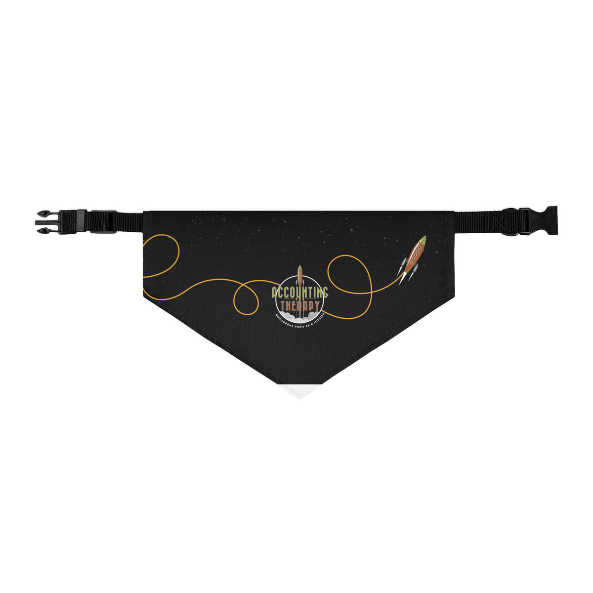 Product mockup - Front view of a black pet bandana collar in L size showing a triangular bandana attached to an adjustable collar
