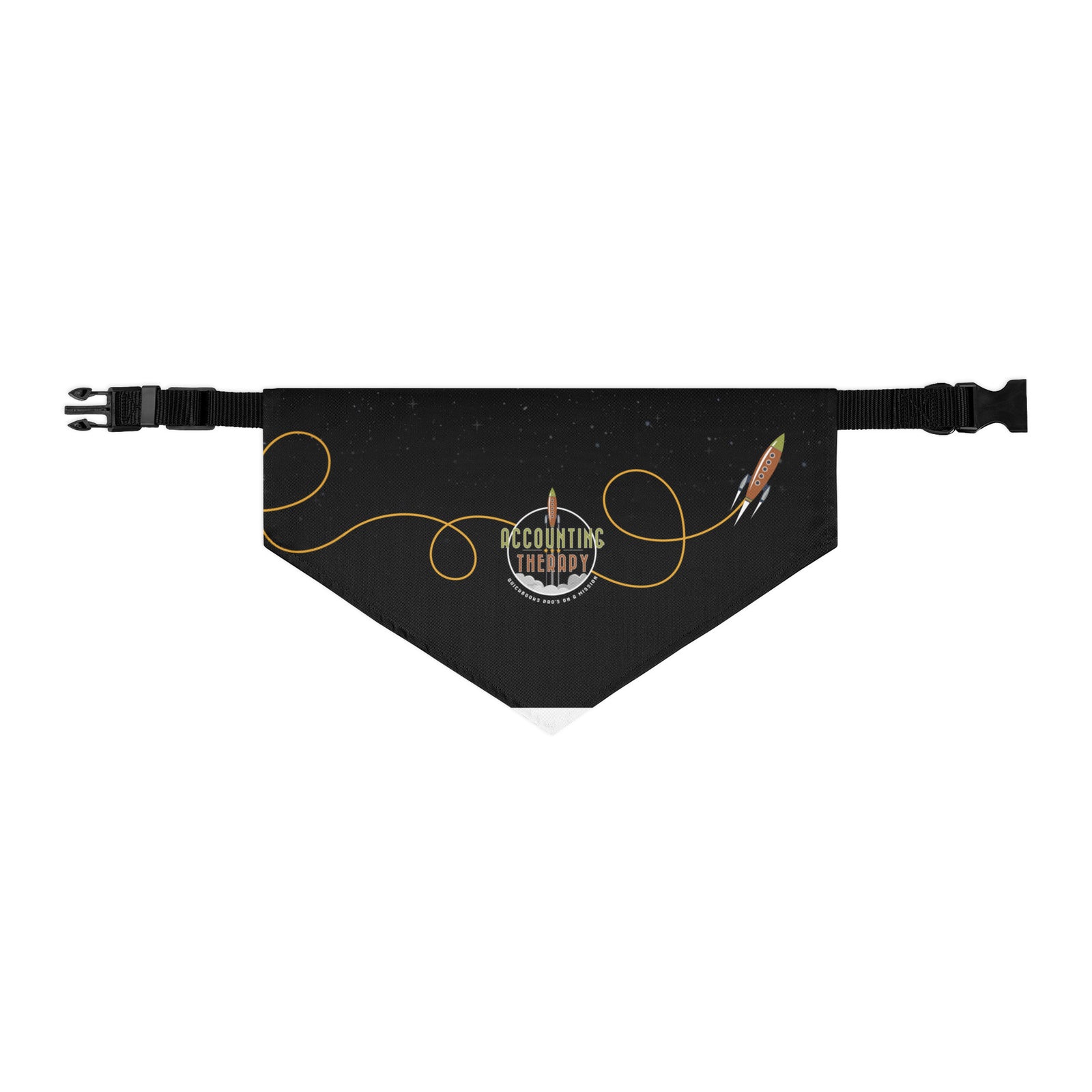 Product mockup - Front view of a black pet bandana collar in L size showing a triangular bandana attached to an adjustable collar
