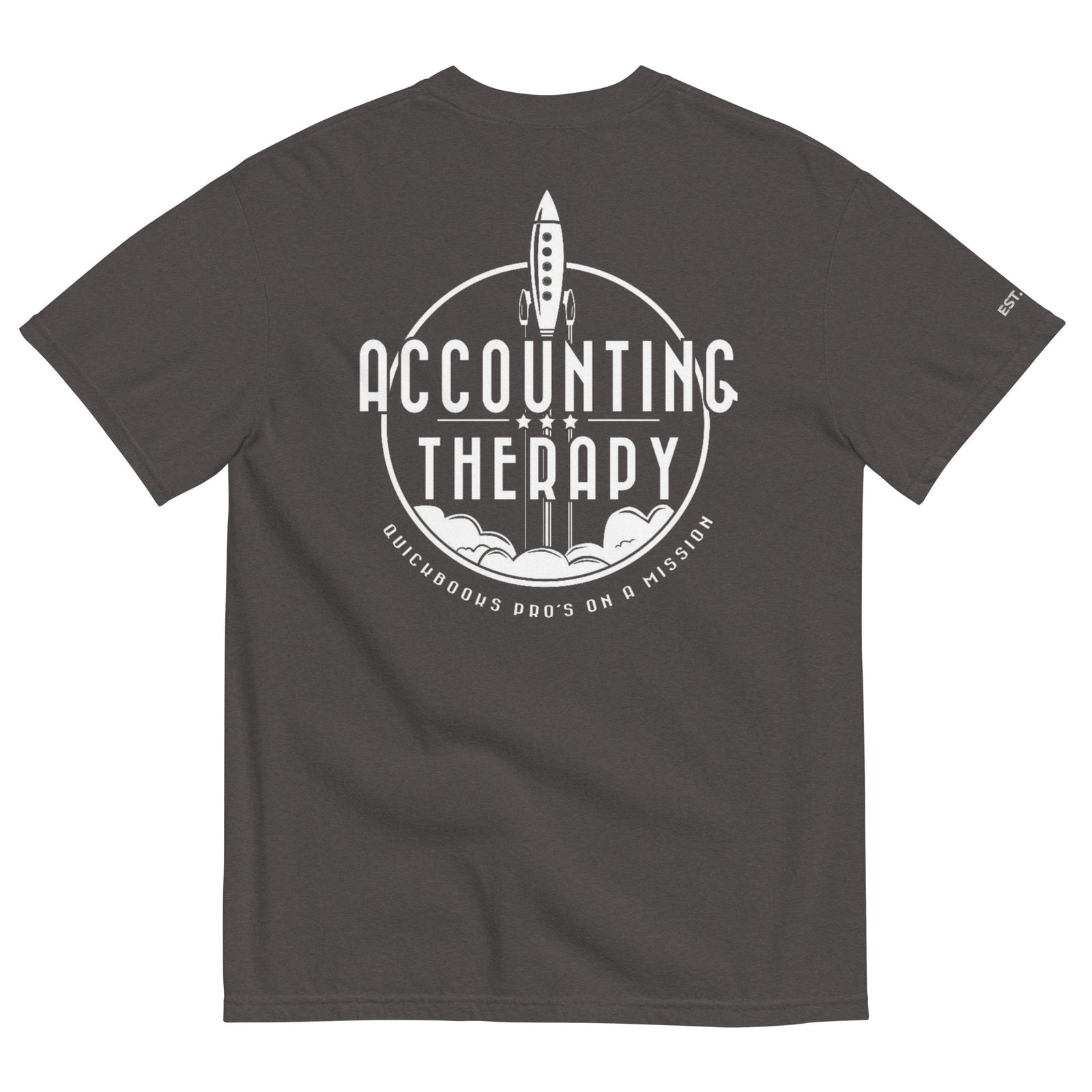 Product mockup - Back view of a Graphite unisex garment-dyed heavyweight t-shirt showing a relaxed fit short sleeve crew neck tee