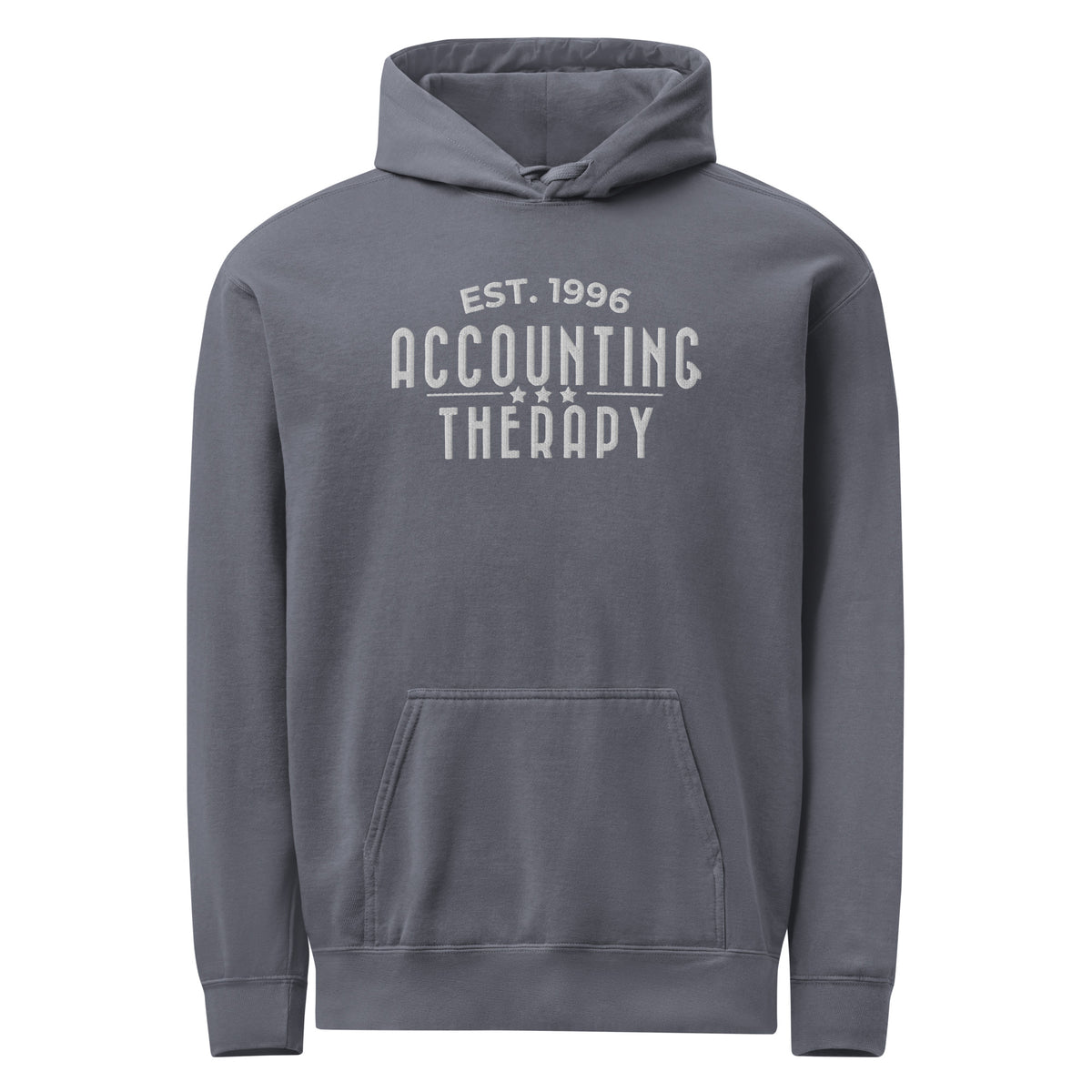 Product mockup - Front view of a denim Comfort Colors unisex garment-dyed hooded sweatshirt showing a relaxed fit hoodie with drawstrings and front pouch pocket