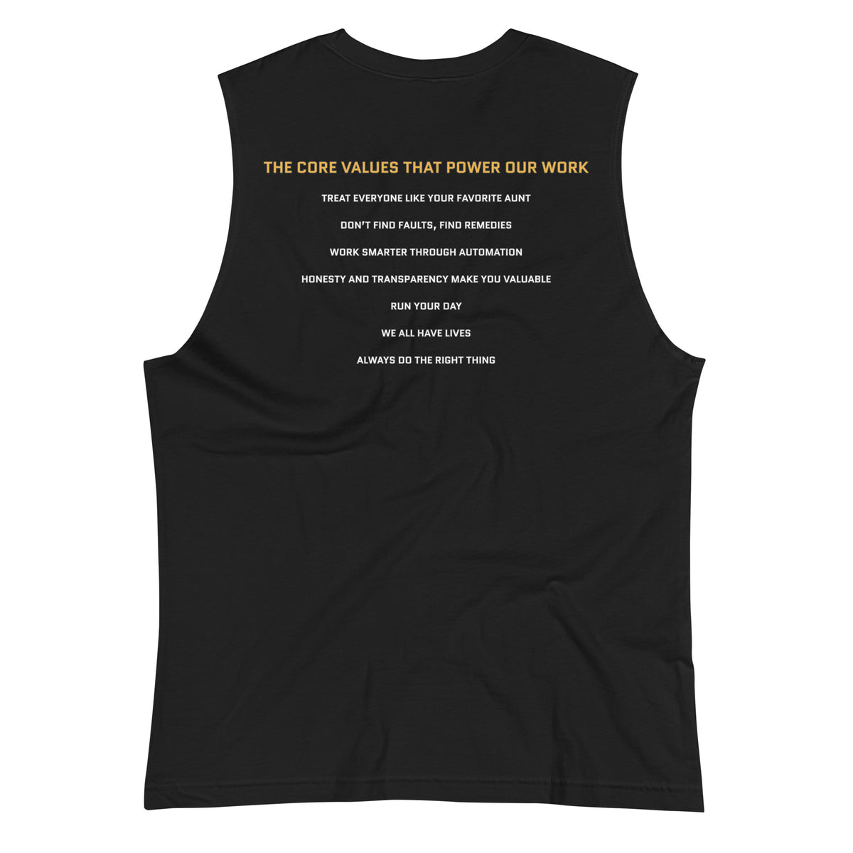 Black sleeveless shirt with text stating Accounting Therapy core values