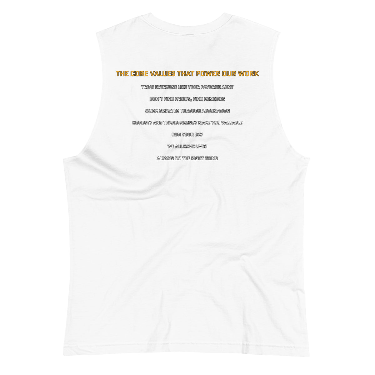 White sleeveless shirt with text stating Accounting Therapy core values