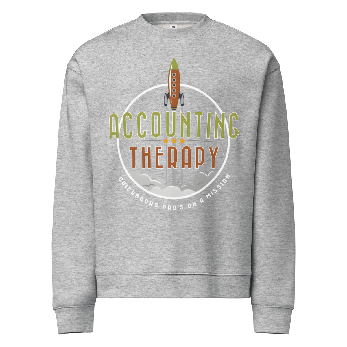 Gray sweatshirt with 'Accounting Therapy' graphic design