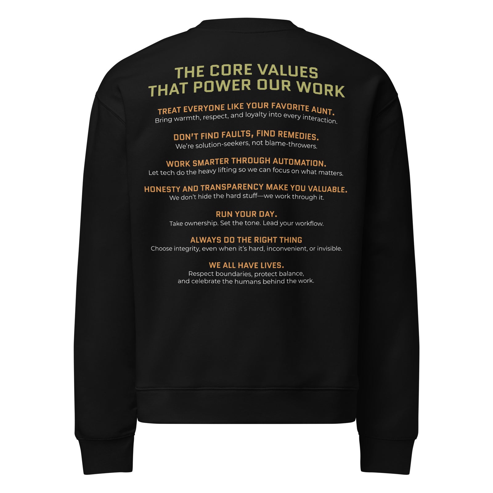 Black sweatshirt with text on the back  stating Accounting Therapy core values