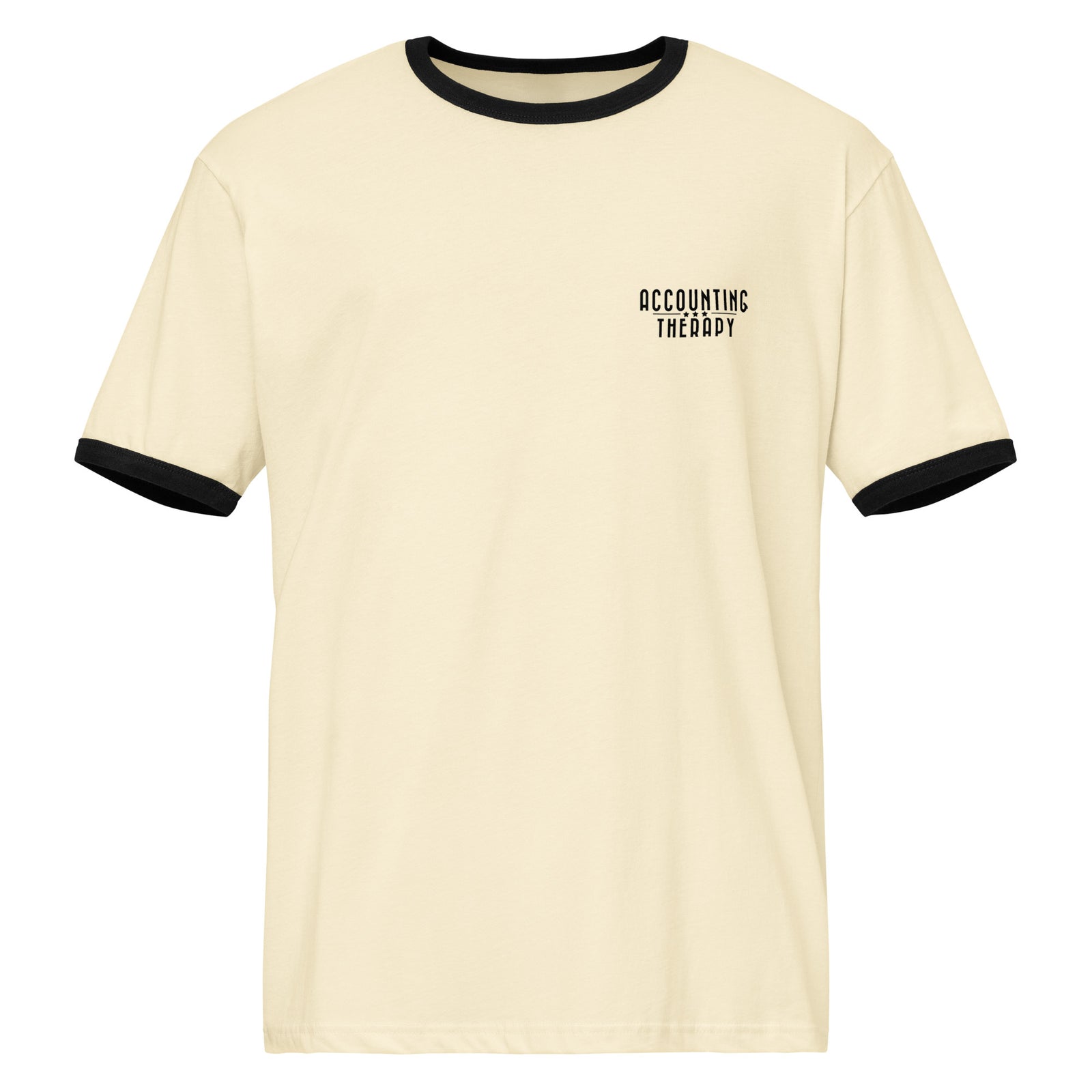 Product mockup - Front view of a natural and black unisex ringer t-shirt showing a crew neck tee with contrasting green collar and sleeve bands