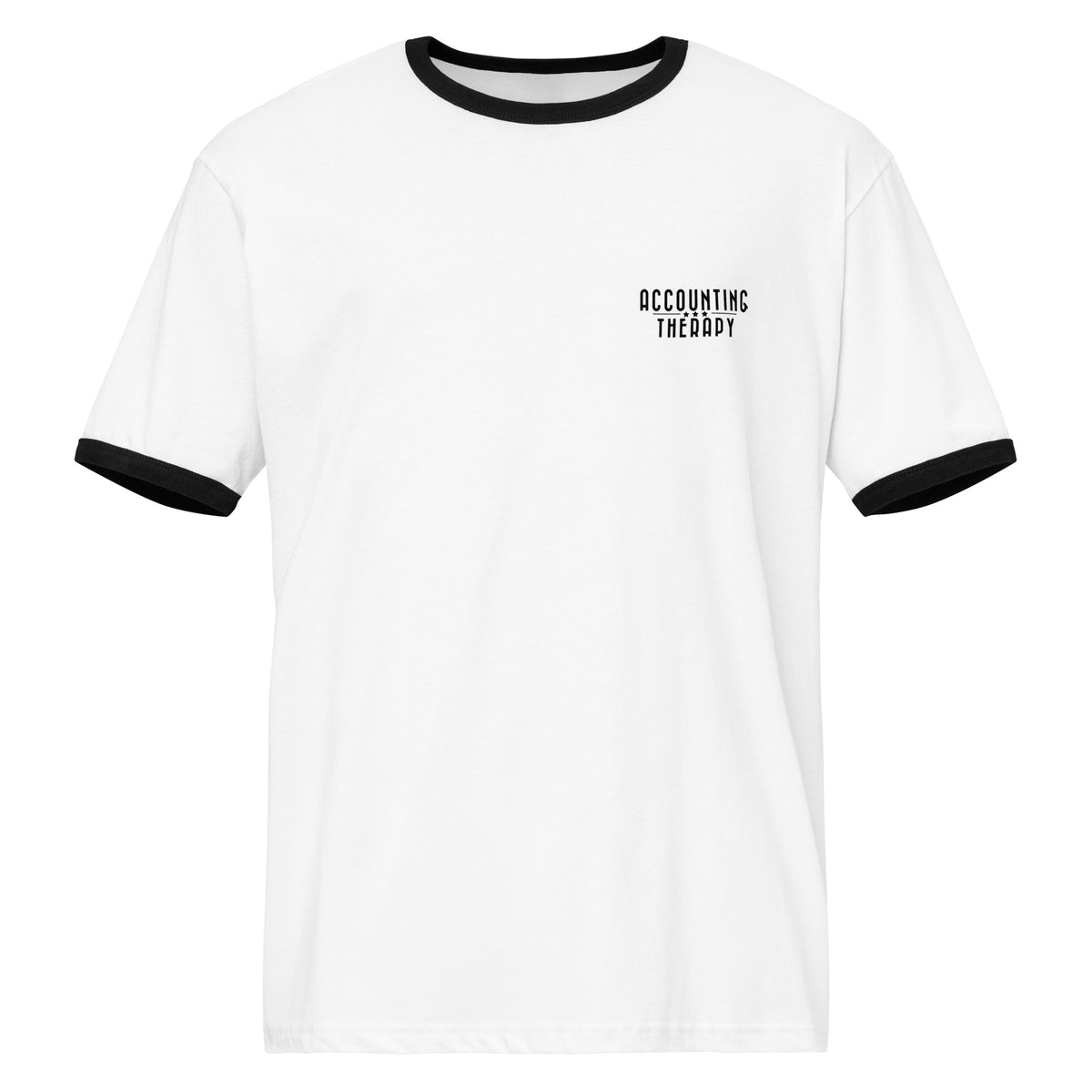 Product mockup - Front view of a white and black unisex ringer t-shirt showing a classic crew neck tee with contrasting black collar and sleeve bands
