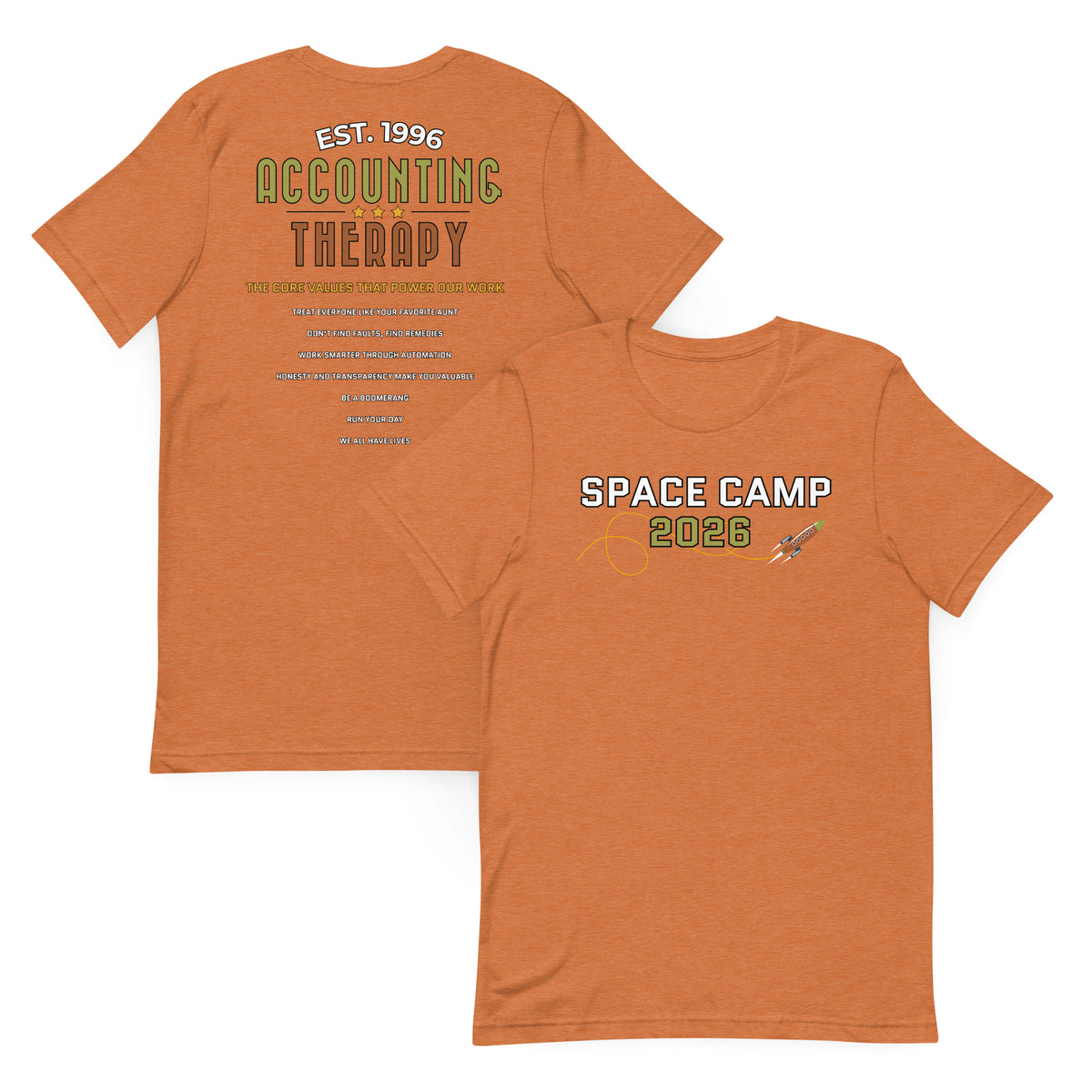 Product mockup - Front and back view of a heather autumn unisex staple t-shirt showing a classic fit short sleeve crew neck tee with blank design areas