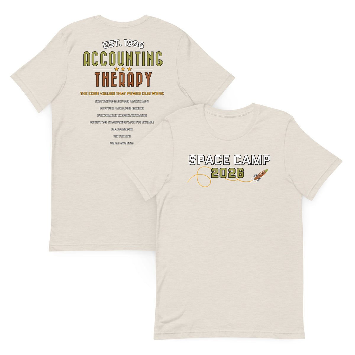 Product mockup - Front and back view of a heather dust gray unisex staple t-shirt showing a classic fit short sleeve crew neck tee with blank design areas