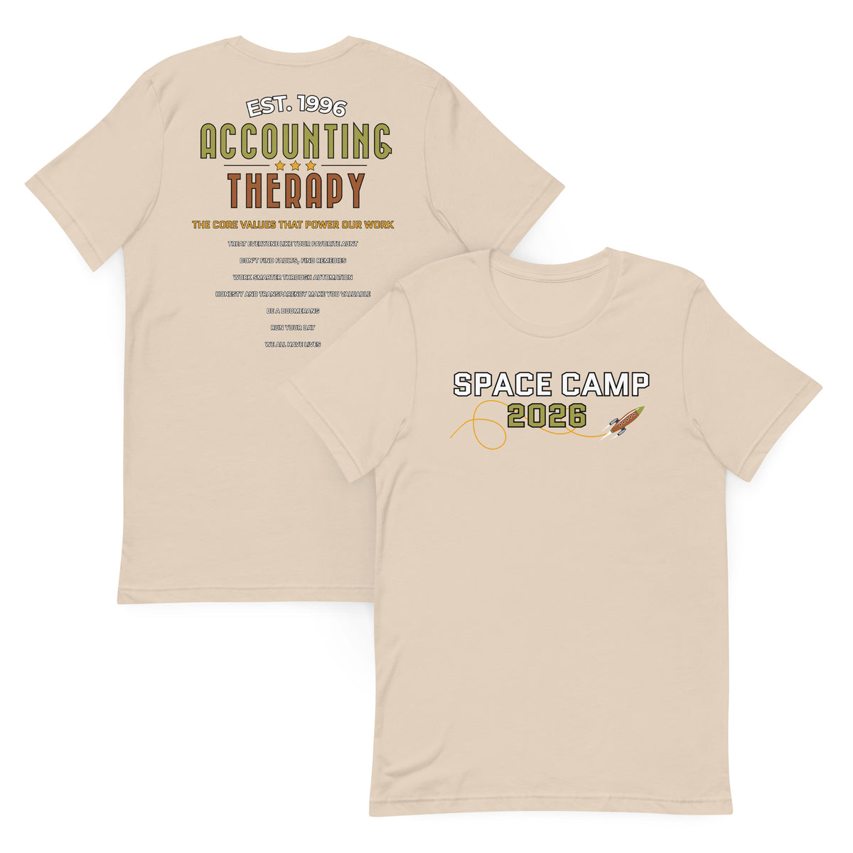 Product mockup - Front and back view of a soft cream unisex staple t-shirt showing a classic fit short sleeve crew neck tee with blank design areas