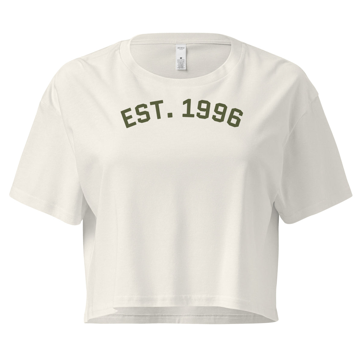 Product mockup - Front view of a bone-colored women’s crop top showing a short length t-shirt with a relaxed fit and short sleeves
