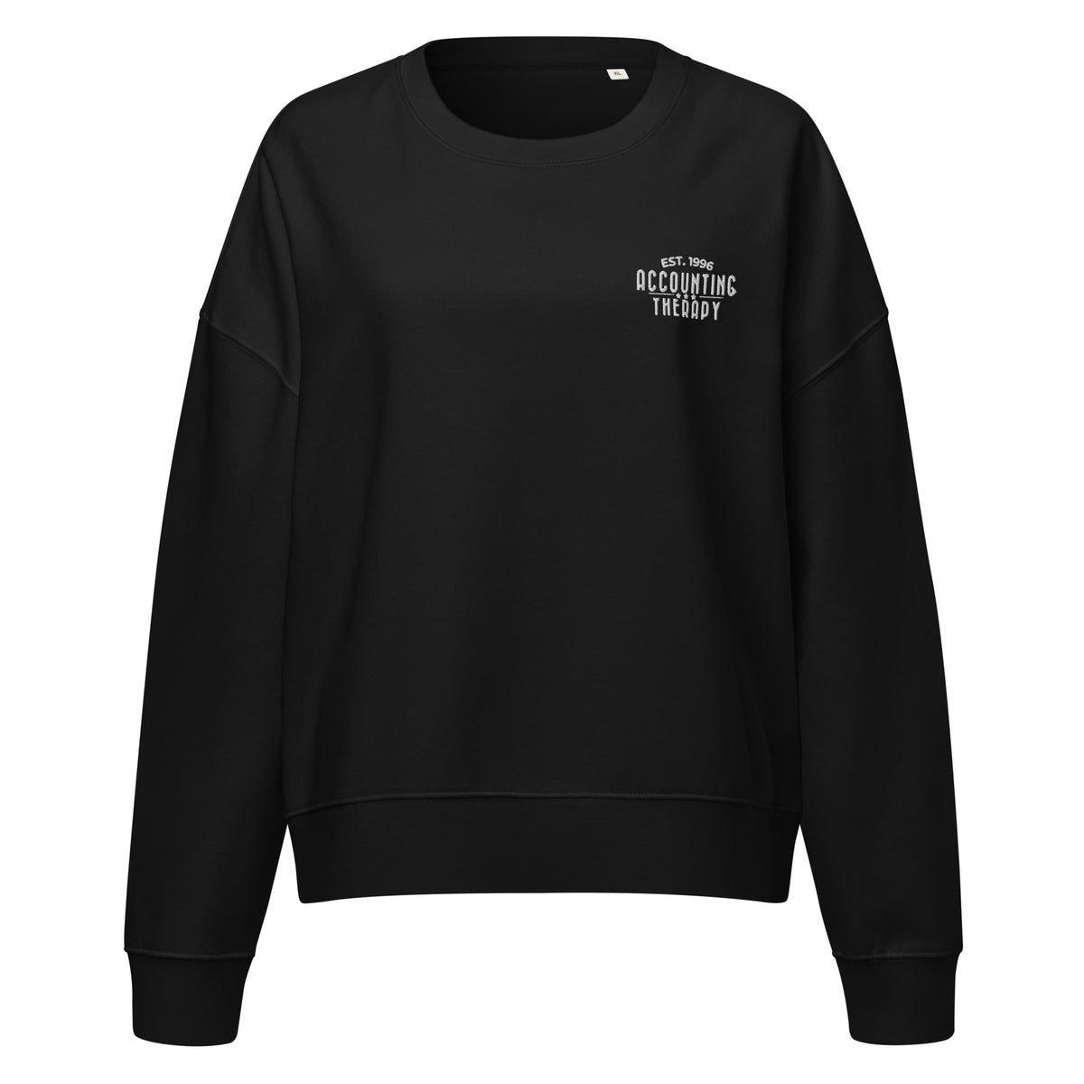 Product mockup - Front view of a Black women’s organic crew neck sweatshirt with a classic fit and long sleeves